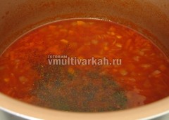 Овощи слегка обжарить, добавить томатную пасту, воду, соль и специи