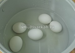 Яйца промойте, сложите в чашу, всыпьте ложку соли и влейте 1,5 литра воды