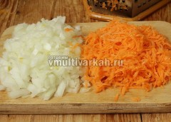 Очистите и измельчите лук с морковью, половину лука оставьте для поджарки