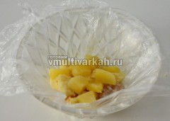 Кусочки бисквита окунать в крем и выкладывать в салатник, сверху ананасы